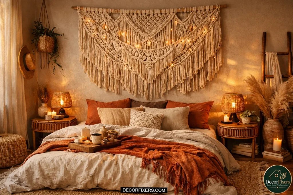 Boho bedroom featuring oversized cream macramé wall hanging above a linen bed with terracotta bedding, rattan nightstands, fairy lights, and warm sunset-inspired lighting.