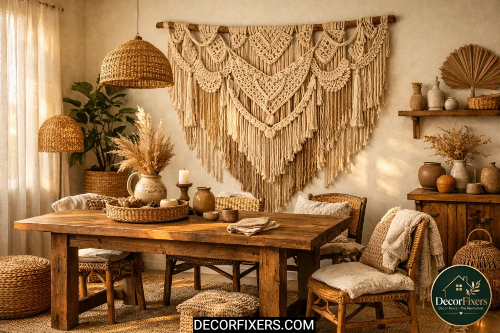 Large macramé wall art in a cozy boho dining room