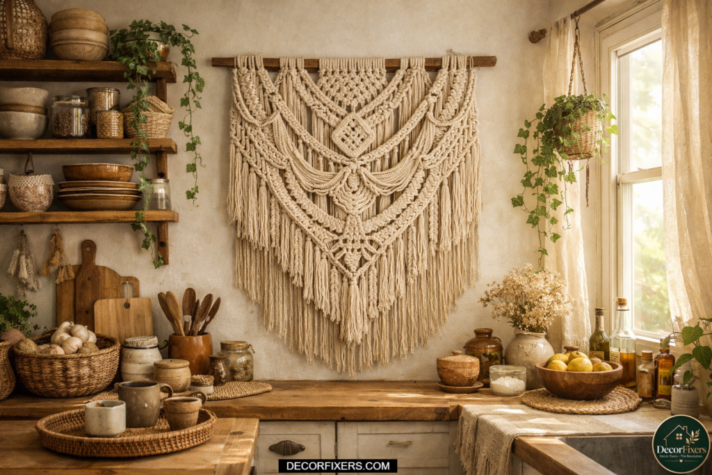 Handmade macramé wall hanging styled above kitchen counters with plants and woven textures