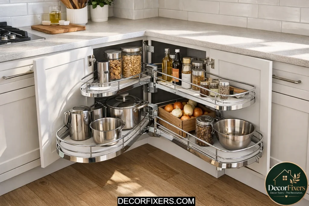 Magic corner pull-out system maximizing hard-to-reach cabinet space
