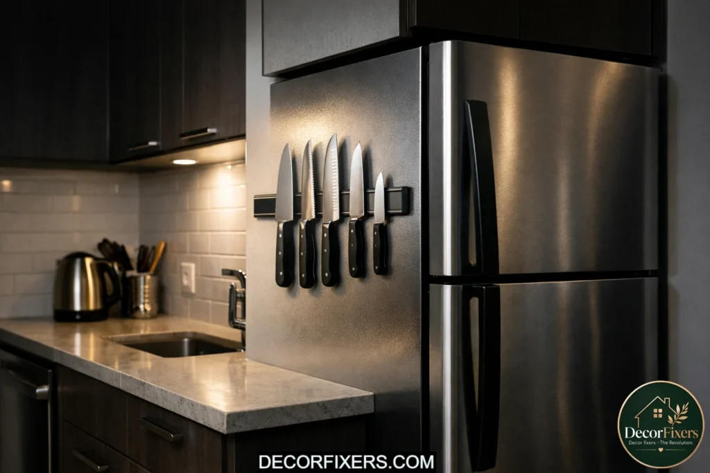 Magnetic knife strip mounted beside a refrigerator to free kitchen counter space