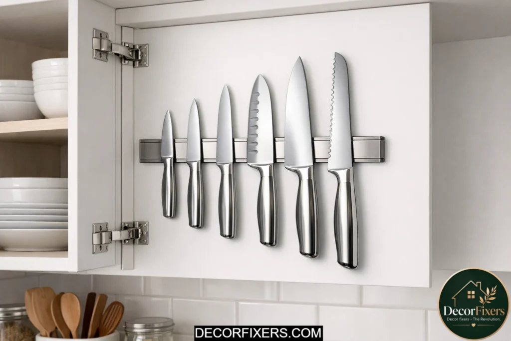 Magnetic knife strip mounted inside a kitchen cabinet door