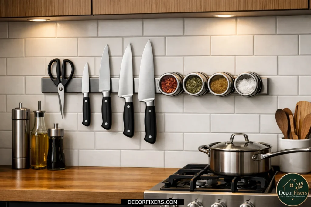 Magnetic knife strip mounted on backsplash saving counter space in a small kitchen.