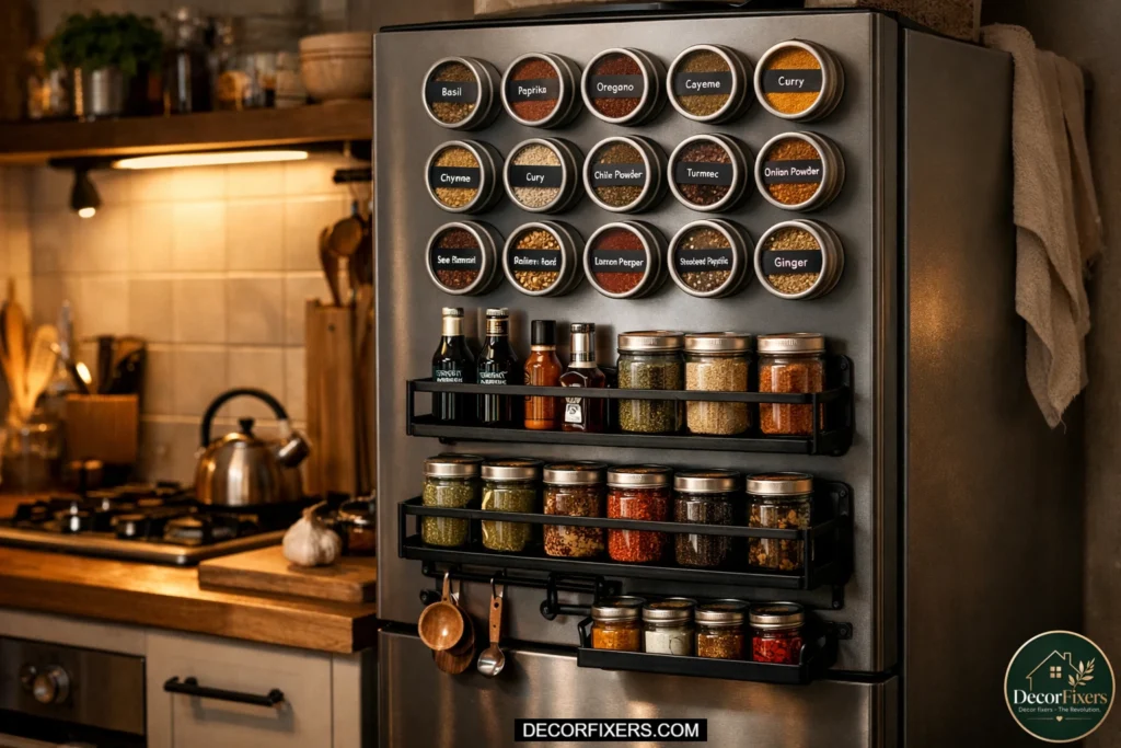 Side panel of apartment refrigerator covered in organized magnetic spice tins and black metal racks with labels facing outward in a compact Scandinavian-style kitchen