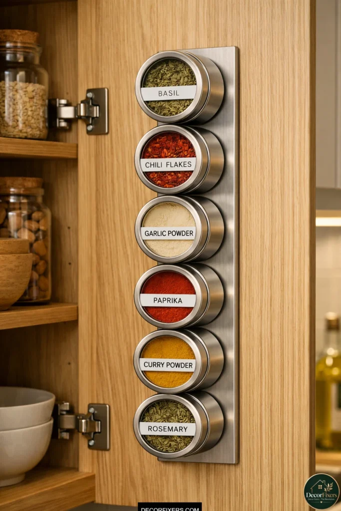 Magnetic spice storage mounted inside cabinet doors in a small kitchen