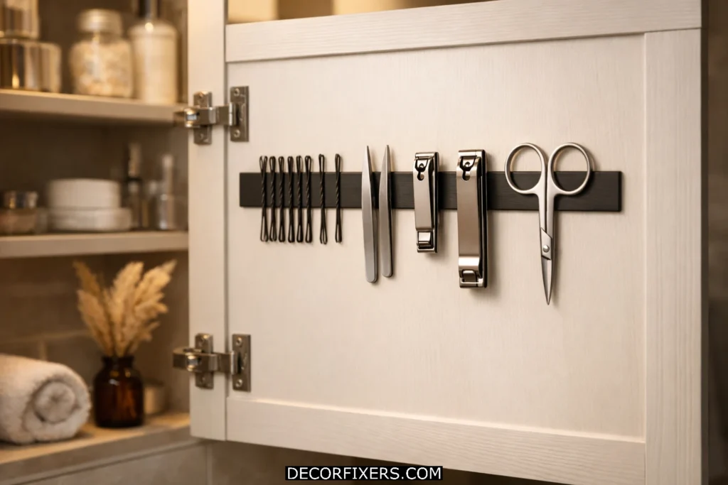 Magnetic strip inside bathroom cabinet organizing tweezers, scissors, and small metal grooming accessories