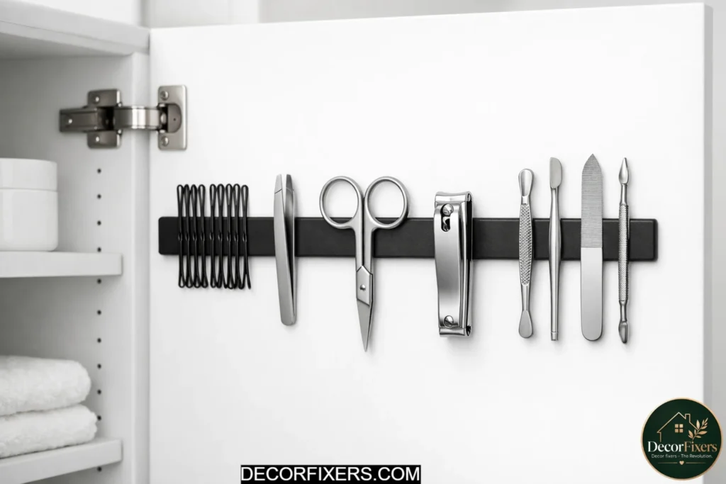 Magnetic strip organizing small metal tools inside bathroom cabinet