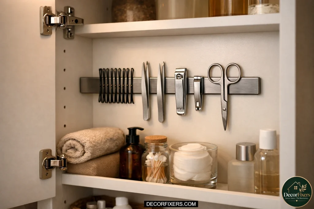 Inside of a bathroom cabinet featuring a magnetic strip organizer neatly holding bobby pins, tweezers, nail clippers, and scissors