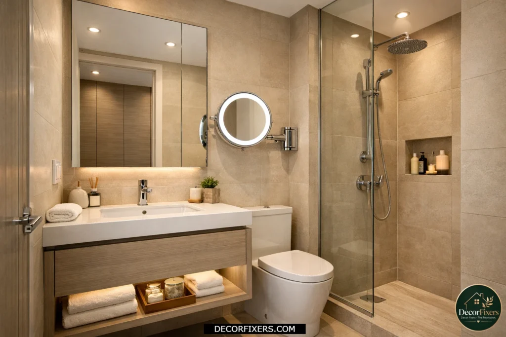Small bathroom with a wall-mounted magnifying mirror featuring integrated LED lighting.