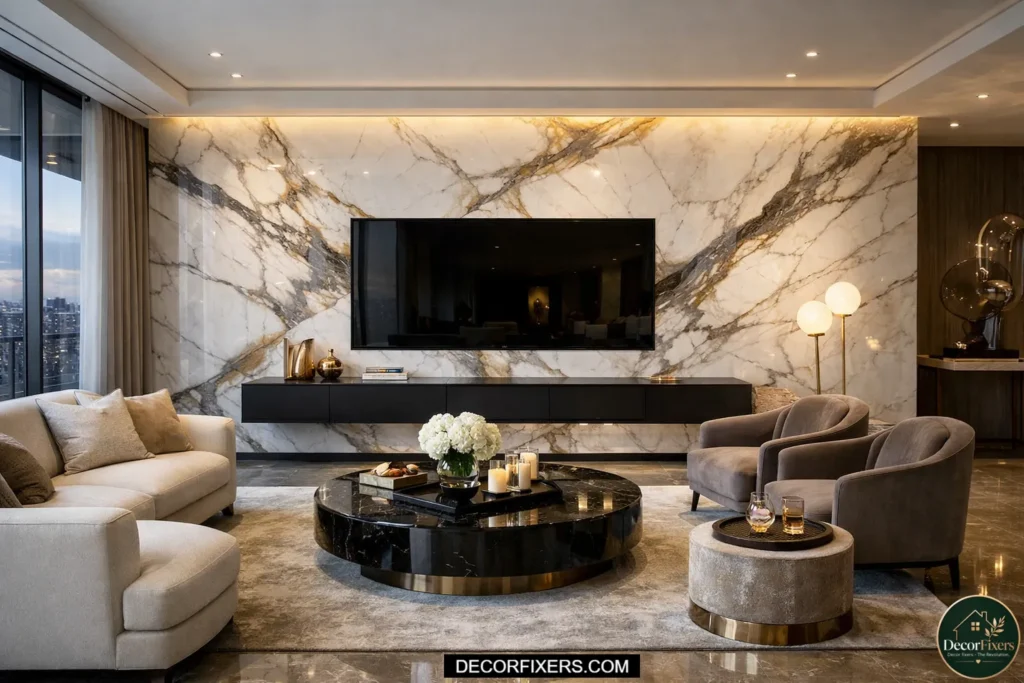 A luxury TV feature wall clad in large-format Calacatta marble-look porcelain slab with dramatic veining, a wall-mounted TV centered against the stone surface