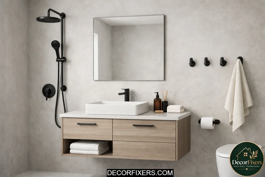 Minimalist bathroom featuring matching matte black fixtures for a cohesive modern look