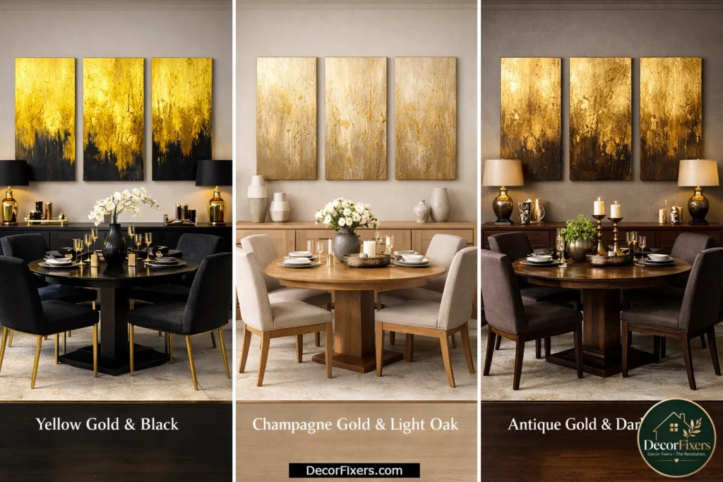 Different gold abstract canvas tones matched with modern and traditional dining room furniture finishes