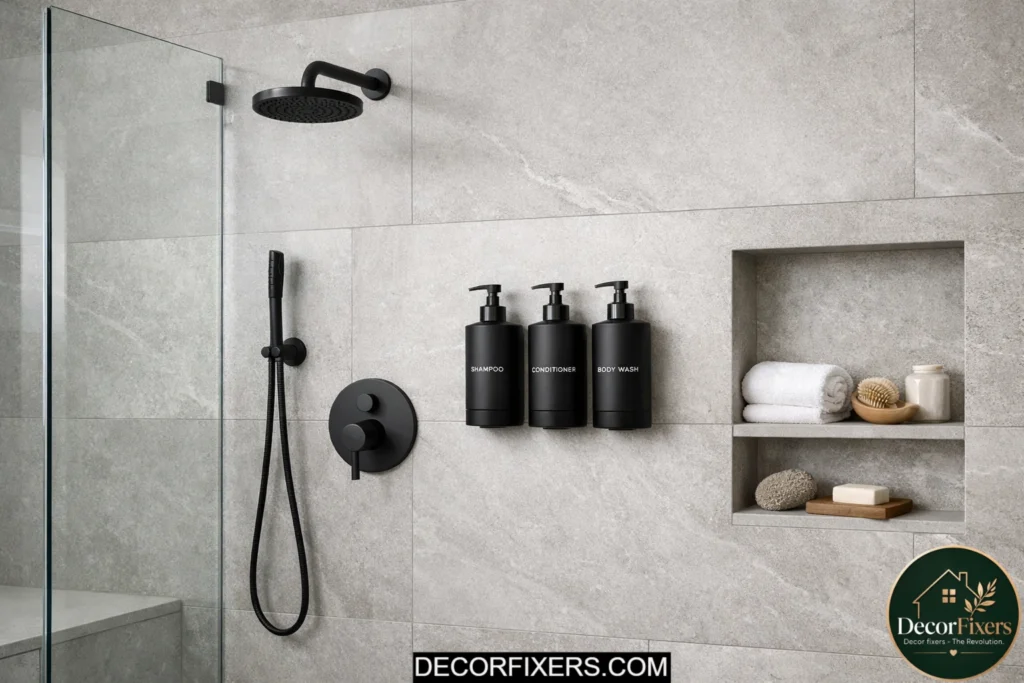 Matching refillable shower dispensers in a clean minimalist bathroom shower