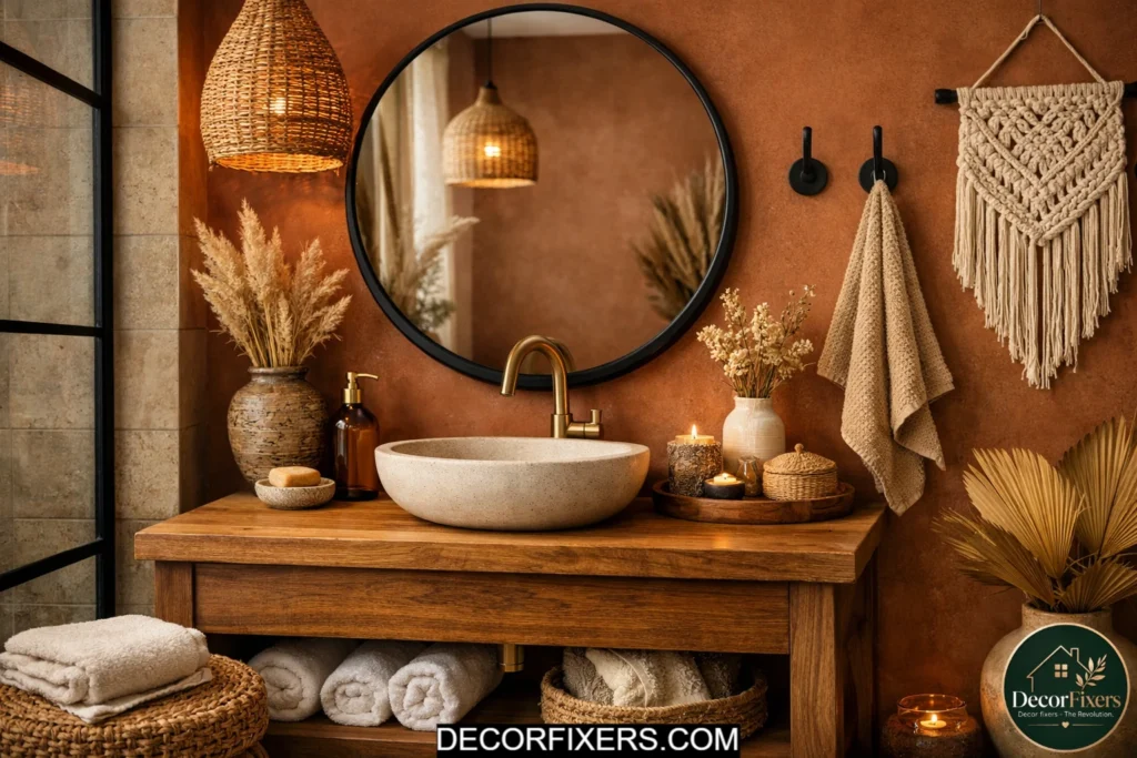Matte black and brushed brass bathroom hardware in an earthy boho bathroom design