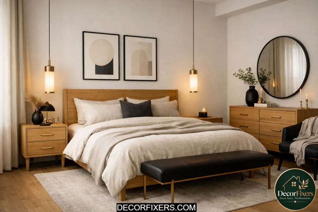 Scandinavian bedroom featuring matte black and brushed brass accents.