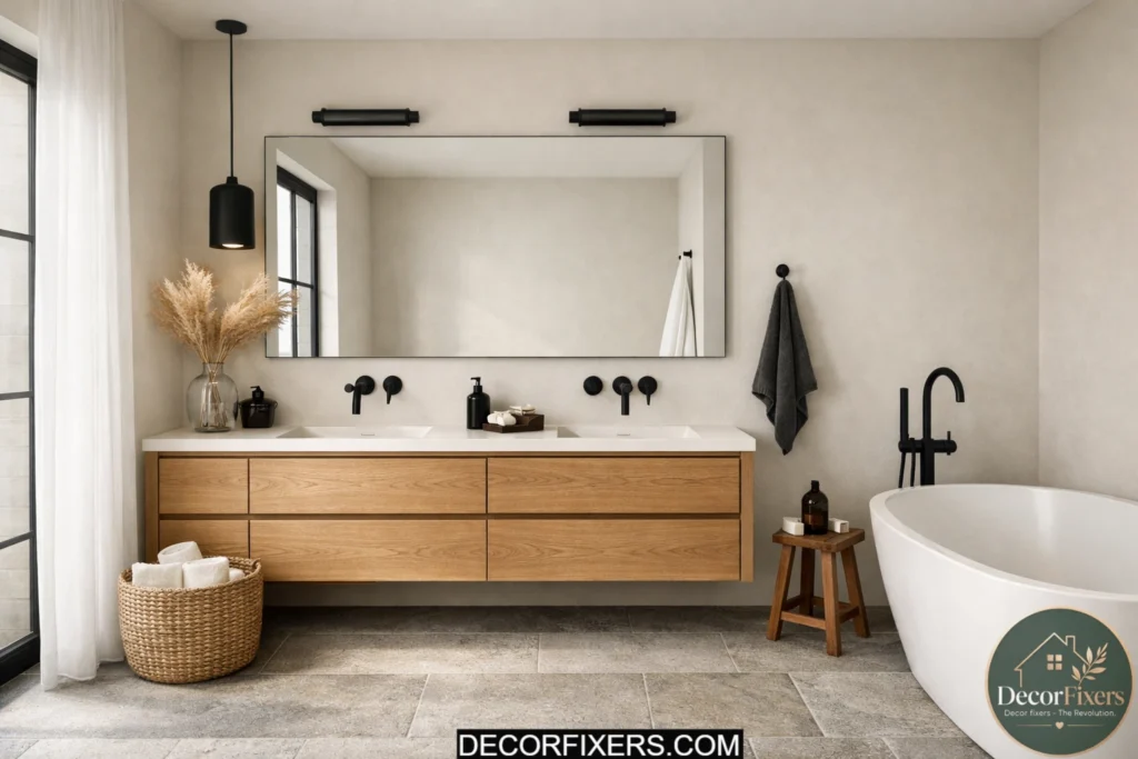 Nordic bathroom featuring matte black fixtures against warm neutral tones.