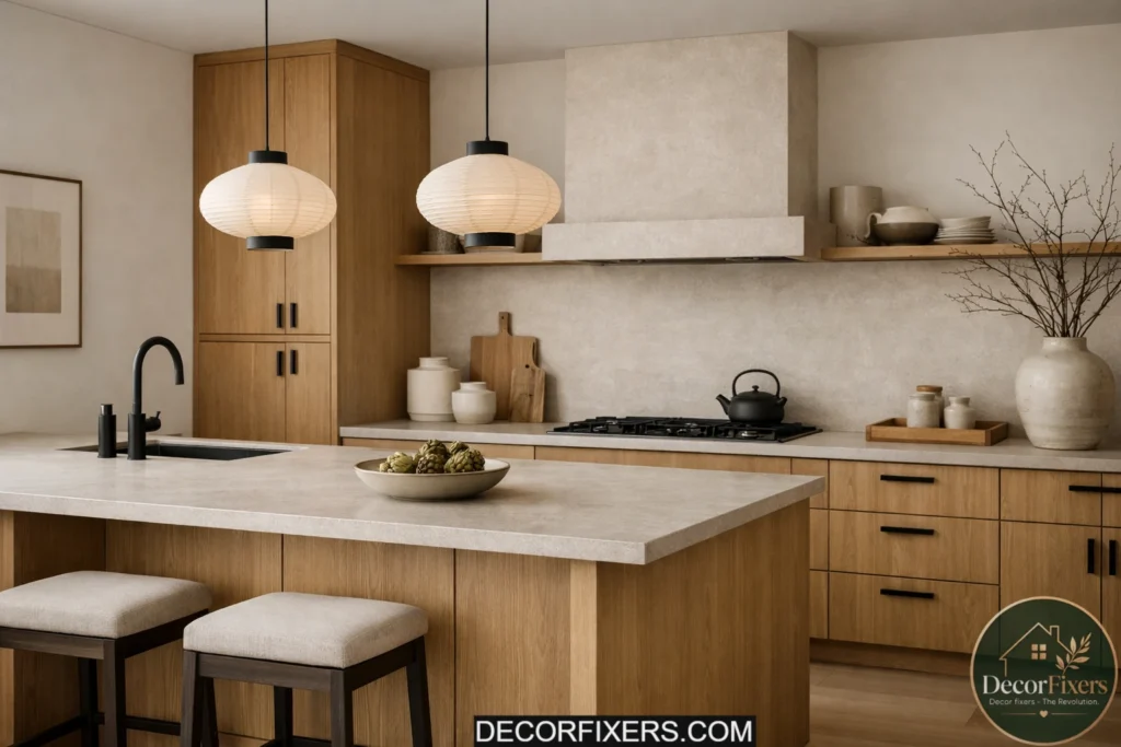 Japandi kitchen with matte black hardware and warm oak cabinets.