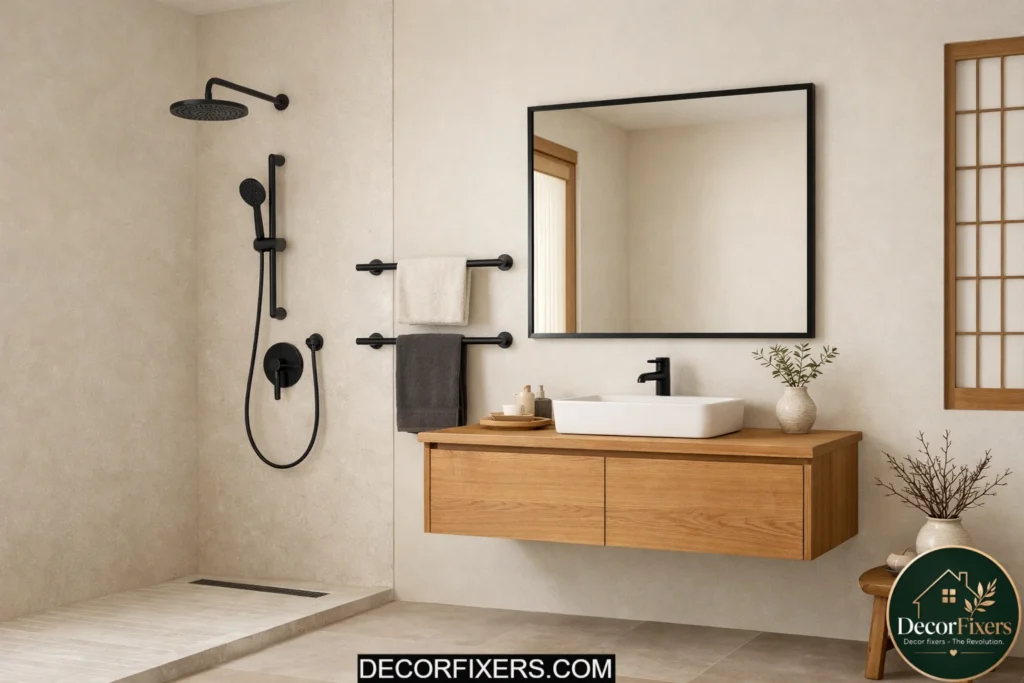 Warm neutral Japandi bathroom with matte black hardware accents