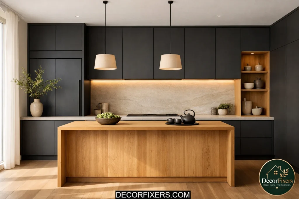 Matte black minimalist kitchen with oak island and integrated appliances