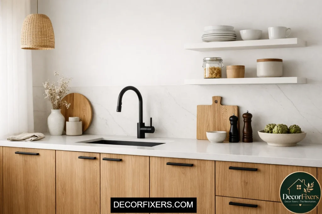 Matte black hardware in Scandinavian kitchen