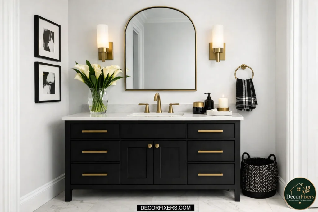 Matte black vanity creating bold contrast in a small bathroom