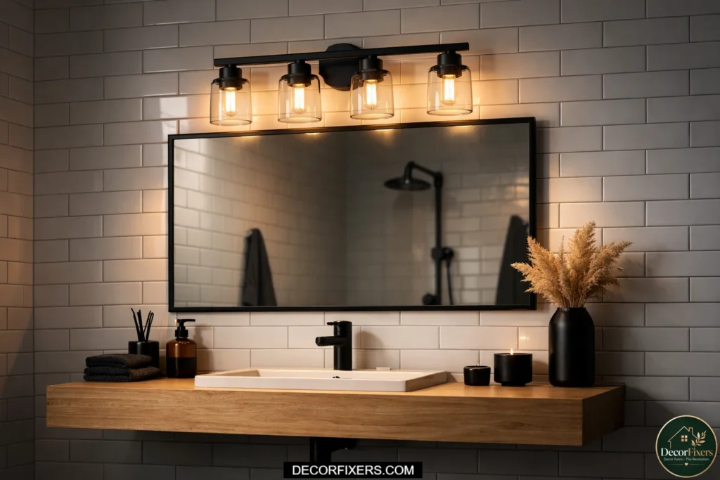 Matte black vanity light fixture creating dramatic contrast in a modern white bathroom.