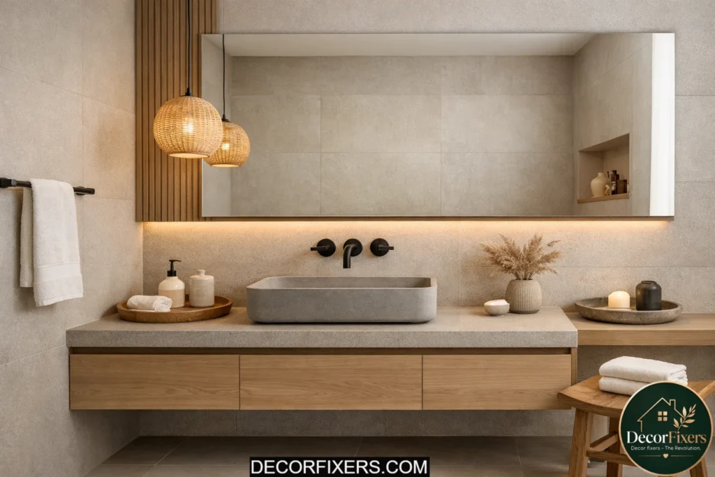 Matte black fixtures and soft stone textures in Japandi-style bathroom