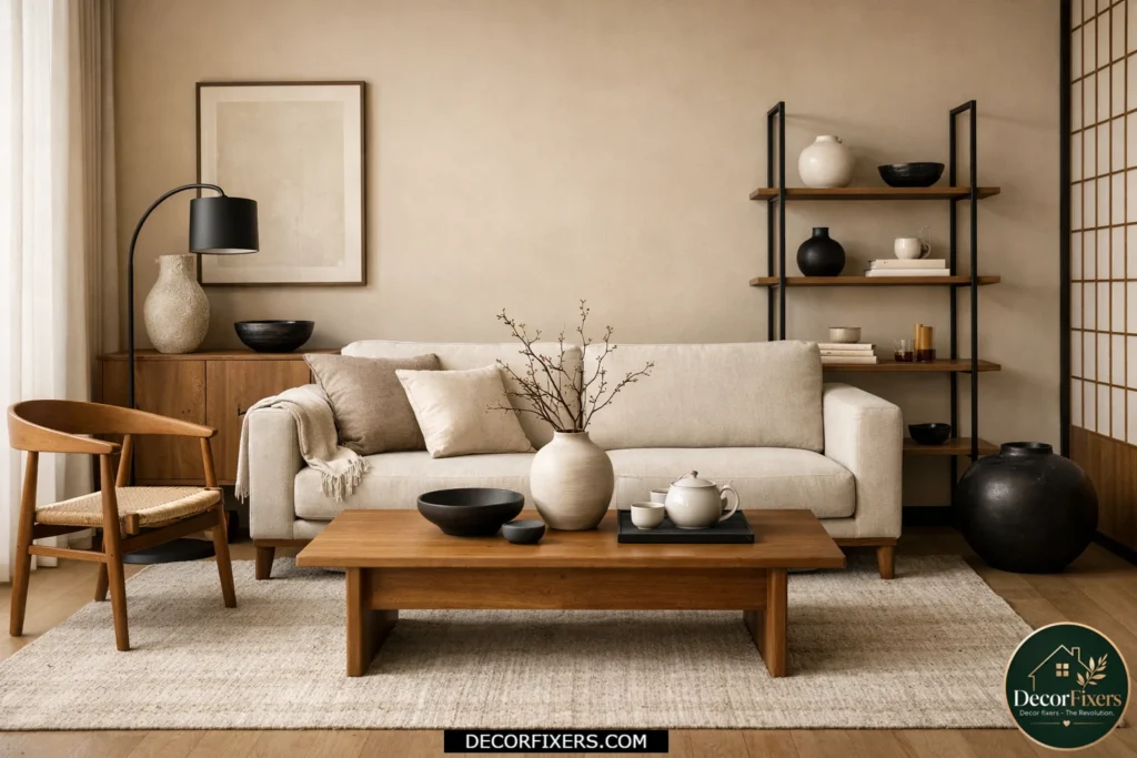 Japandi living room with matte finishes and minimalist decor