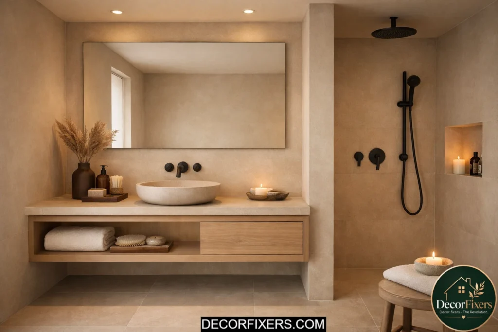 Minimalist bathroom with matte surfaces and soft earthy tones creating a calm atmosphere
