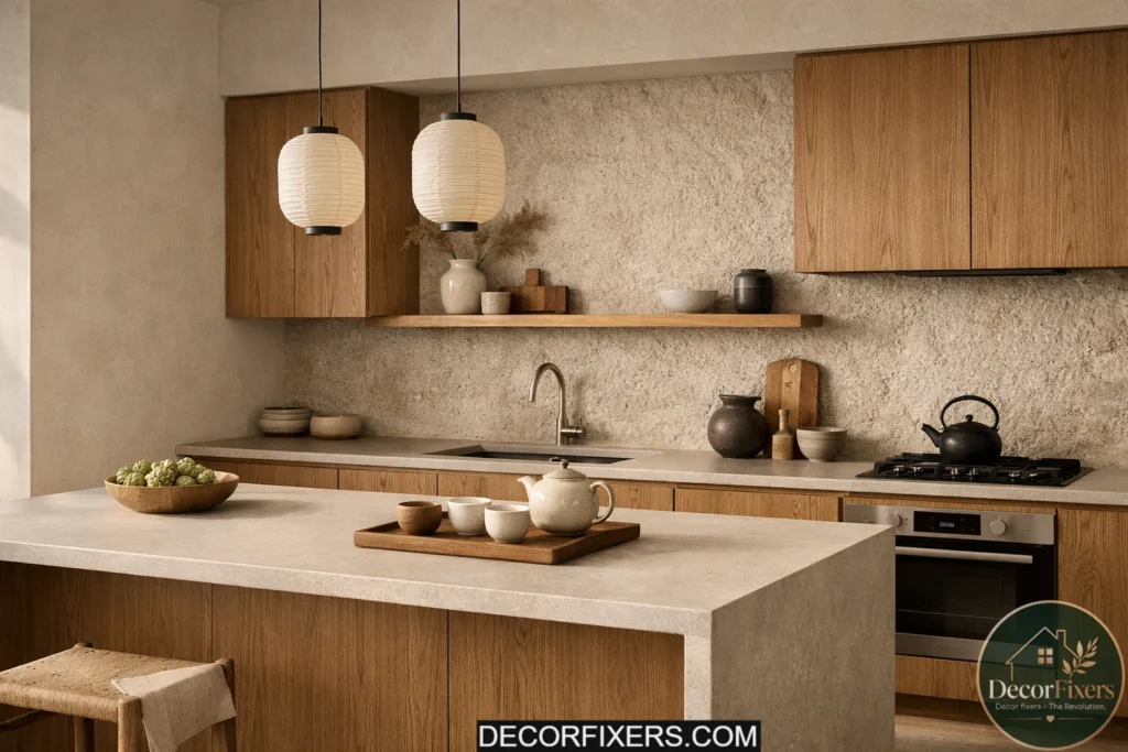 Japandi kitchen featuring matte stone countertops and natural oak cabinetry.