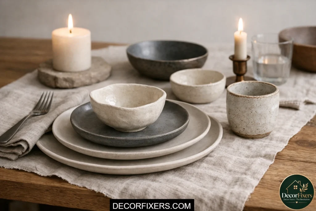 Scandinavian dining table styled with matte ceramic stoneware and linen runner