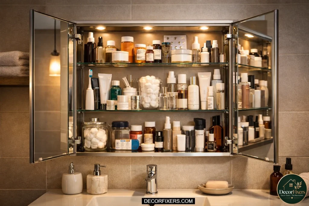 Mirrored medicine cabinet opened to reveal organized skincare, dental items, medications, and toiletries above a clutter-free vanity in a small bathroom