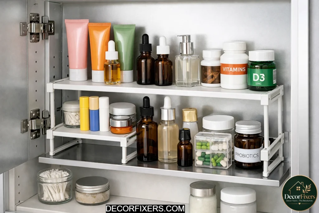 Expandable shelf riser inside medicine cabinet for extra storage