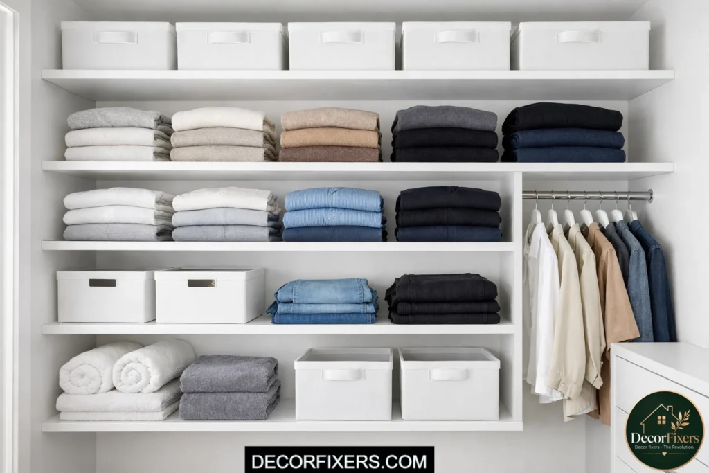 White melamine closet shelves with sleek modern finish