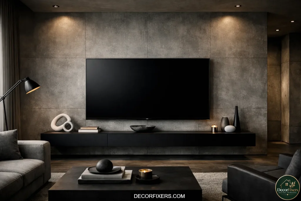 A seamless matte micro-cement feature wall in warm gray finish behind a wall-mounted TV, giving the appearance of poured concrete without structural weight in a modern living room