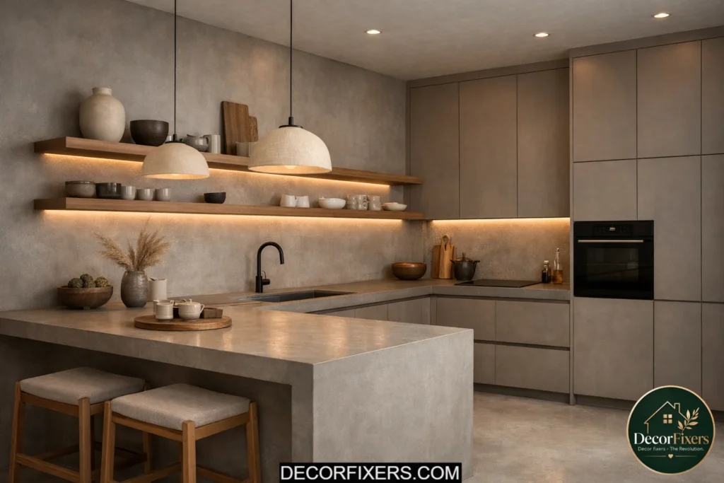 Minimalist kitchen with seamless microcement walls and countertops