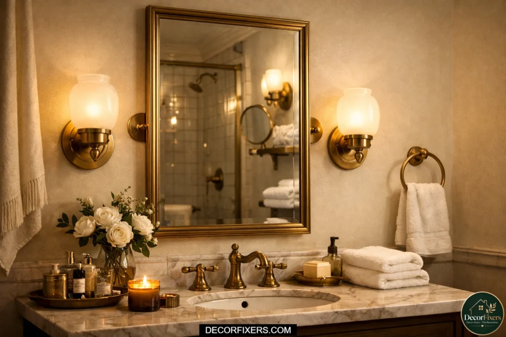 Milk glass bathroom sconces with warm vintage-inspired lighting.