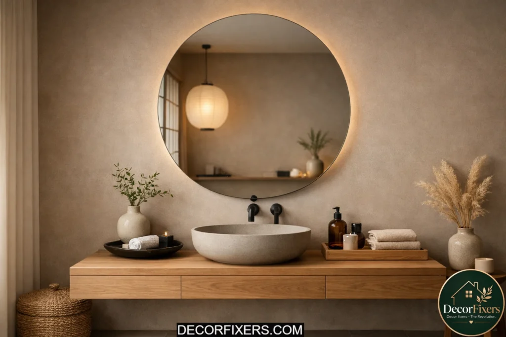 Round frameless mirror in elegant Japandi bathroom interior
