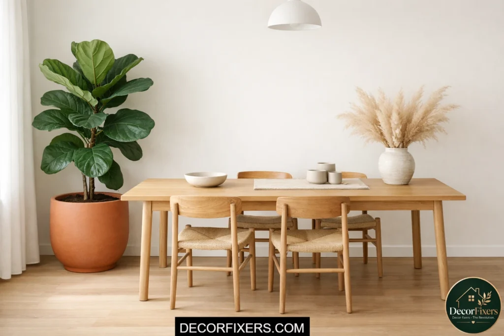 Scandinavian dining room with one large indoor plant and dried pampas grass styling