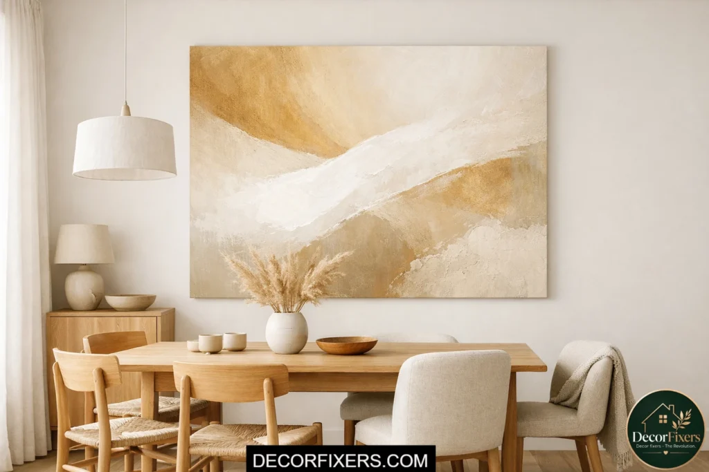 Scandinavian dining room with one oversized abstract artwork on a neutral wall