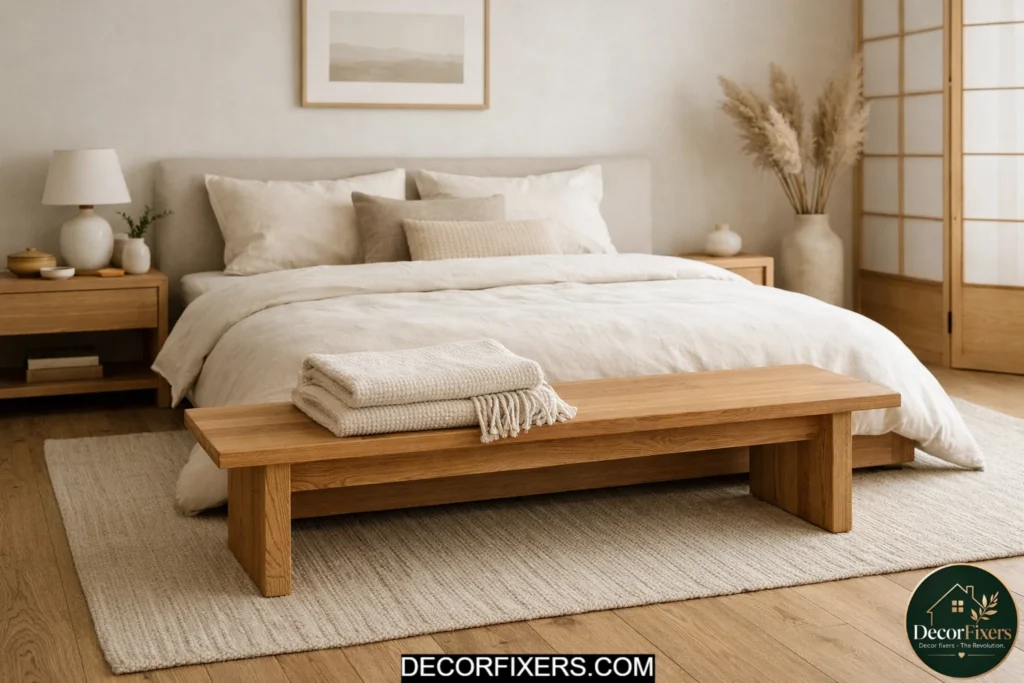 Minimal Japandi bedroom with bare walls and single abstract artwork