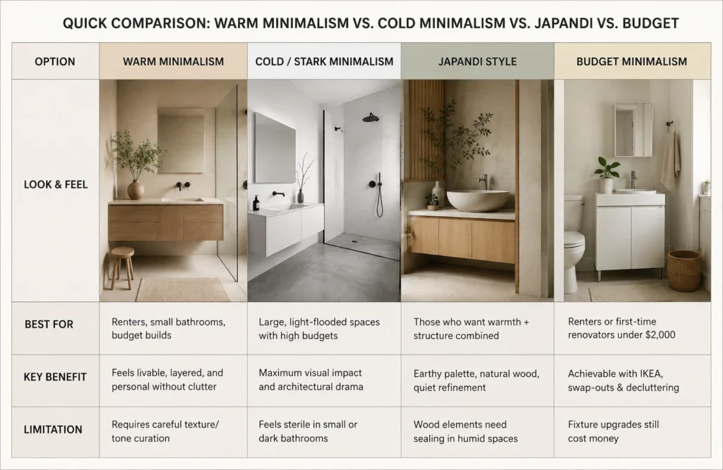 Comparison table infographic showing warm minimalism cold minimalism Japandi and budget minimalist bathroom styles with benefits and limitations