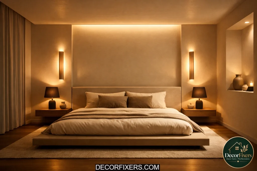 Warm minimalist bedroom with layered ambient lighting and soft architectural glow