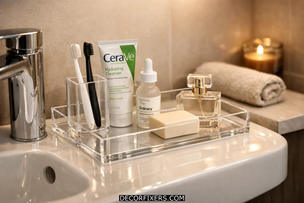 Minimalist acrylic countertop organizer tray holding daily toiletries on compact bathroom sink