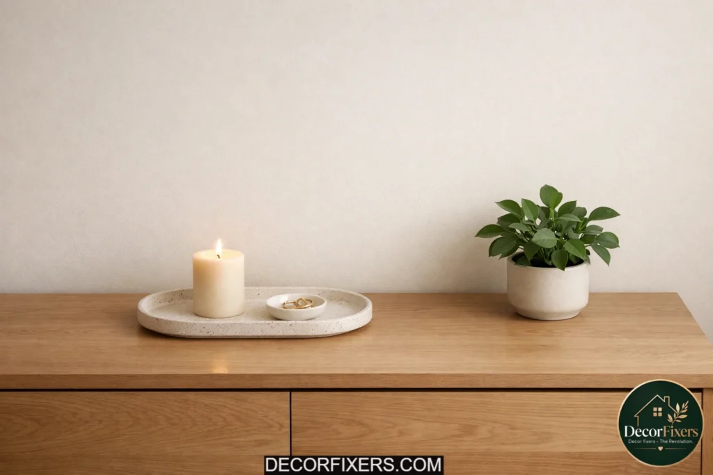 Minimalist bedroom dresser styled with only three intentional decor items