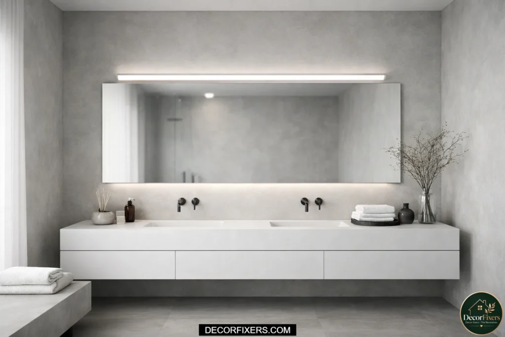 Flat-panel LED vanity light in a minimalist spa-inspired bathroom.