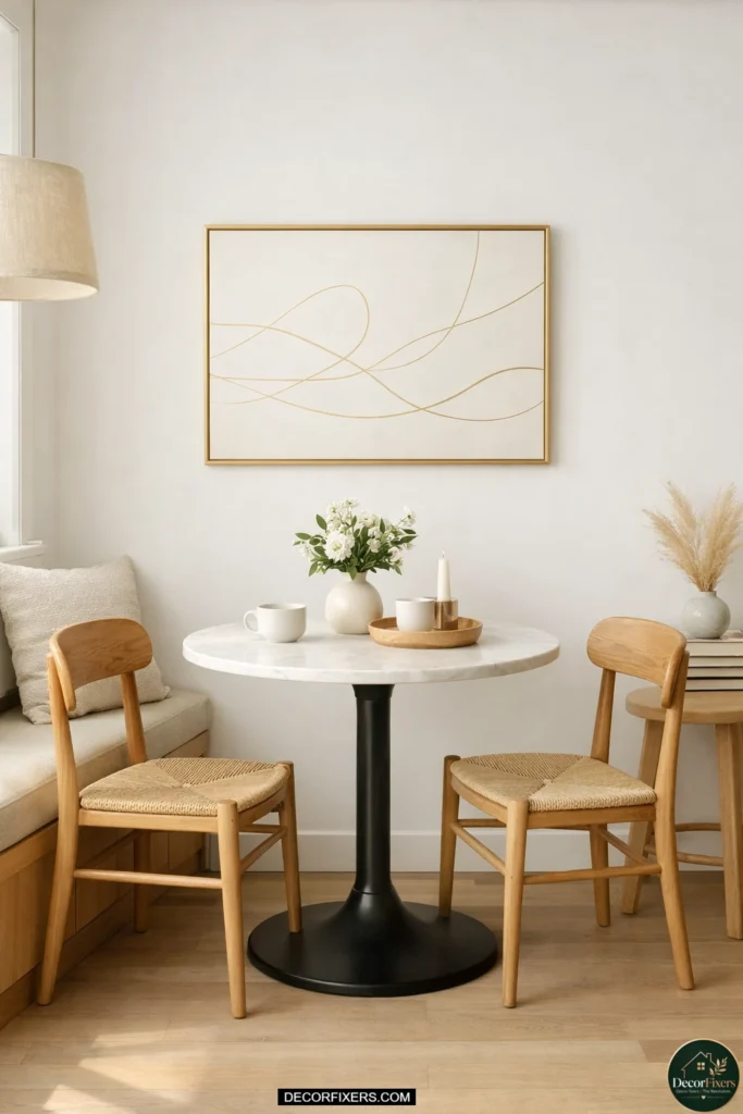 Minimalist gold line art above small bistro dining table.