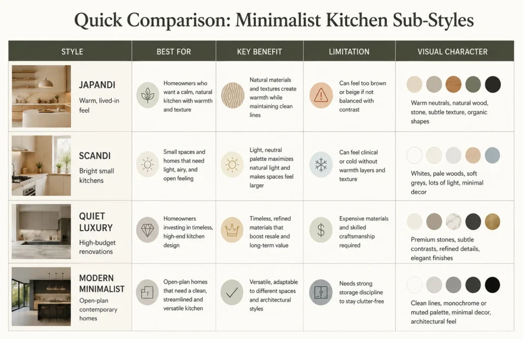 Minimalist kitchen comparison chart showing Japandi, Scandi, Quiet Luxury, and Modern Minimalist styles with design benefits and limitations

