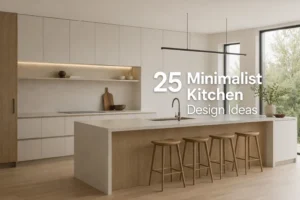 Featured image showing a warm minimalist kitchen with handleless cabinets, integrated appliances, neutral tones, natural wood textures, and clutter-free countertops in a modern Japandi-inspired design.