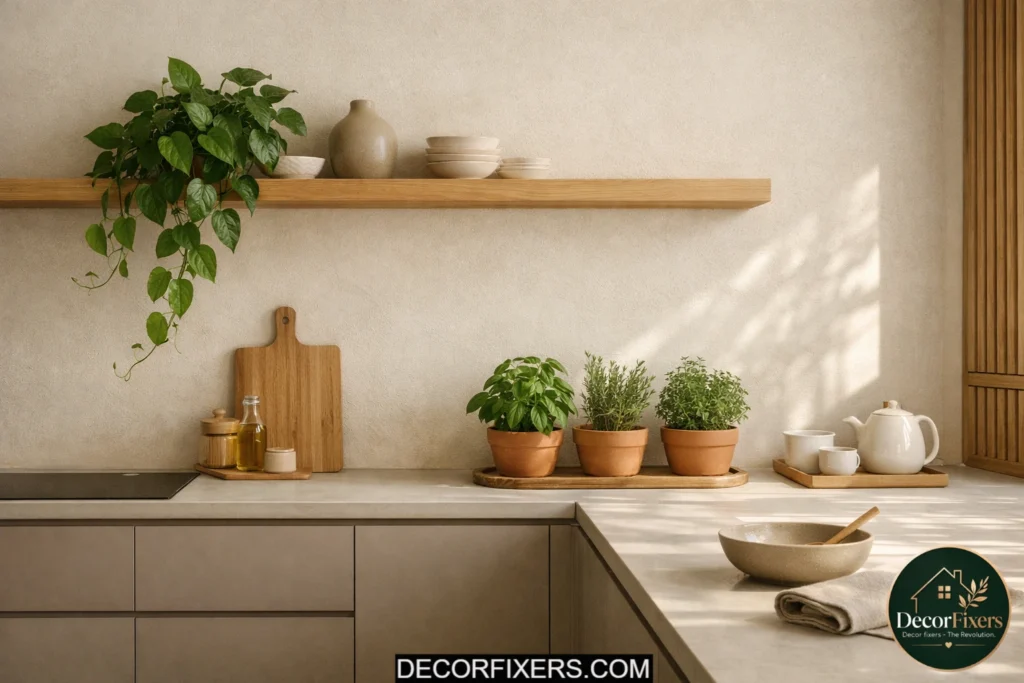 Minimalist kitchen with terracotta herb pots and subtle greenery